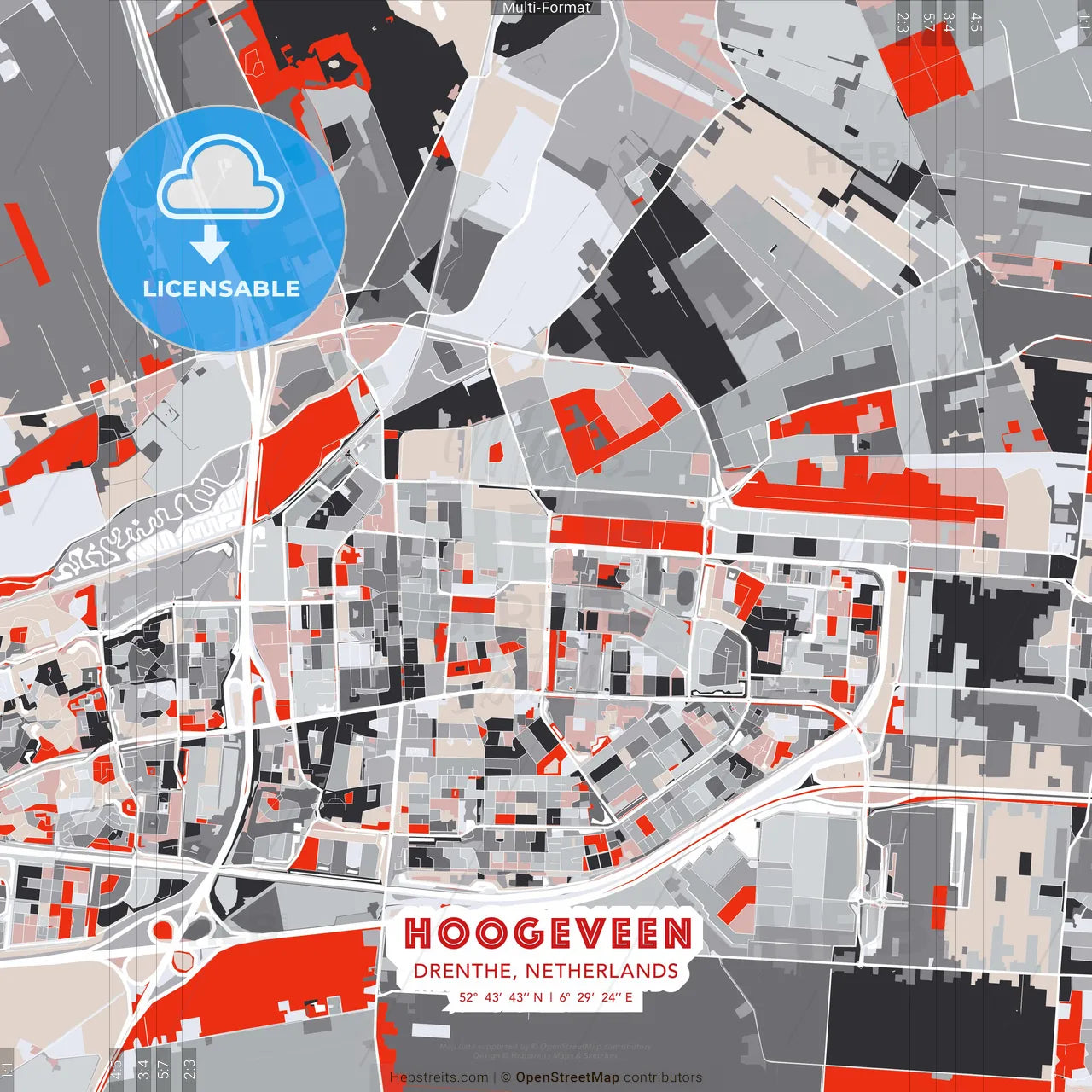 Hoogeveen, Drenthe, Netherlands - modern street map poster template with gray and red tones