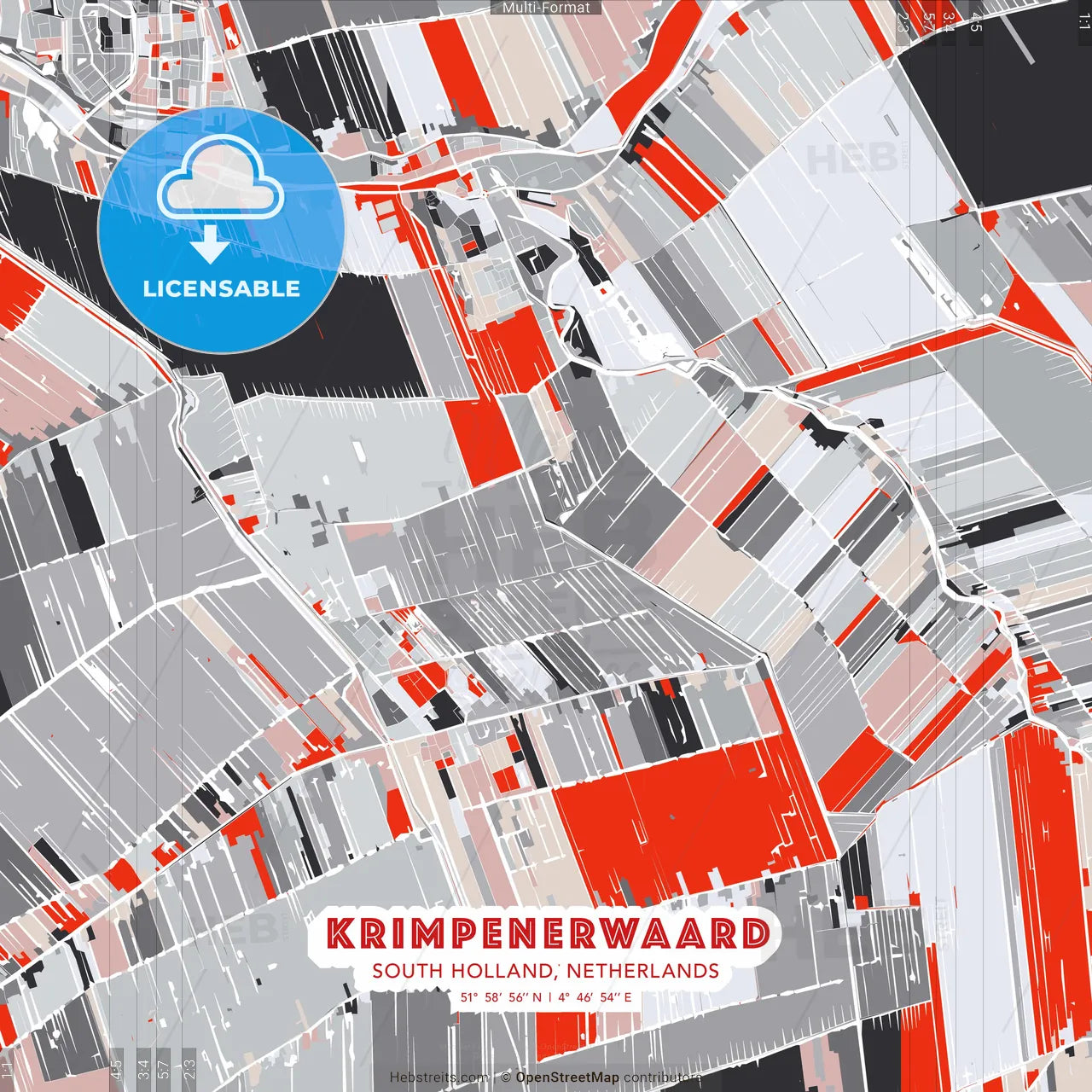 Krimpenerwaard, South Holland, Netherlands - modern street map poster template with gray and red tones