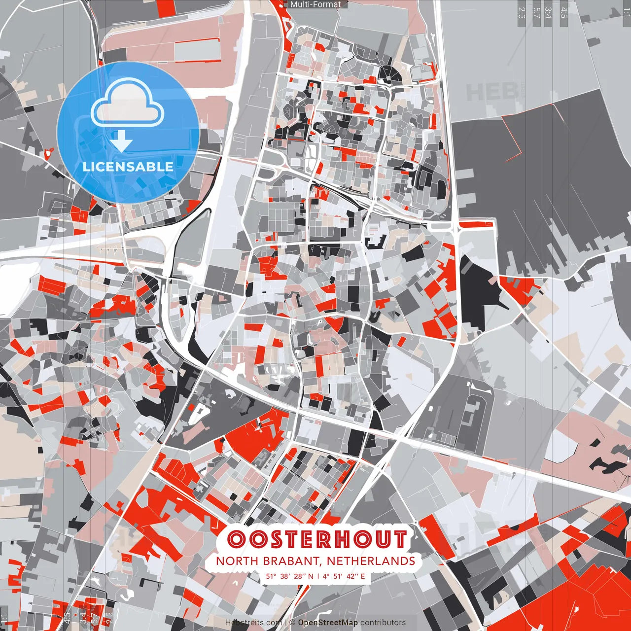 Oosterhout, North Brabant, Netherlands - modern street map poster template with gray and red tones