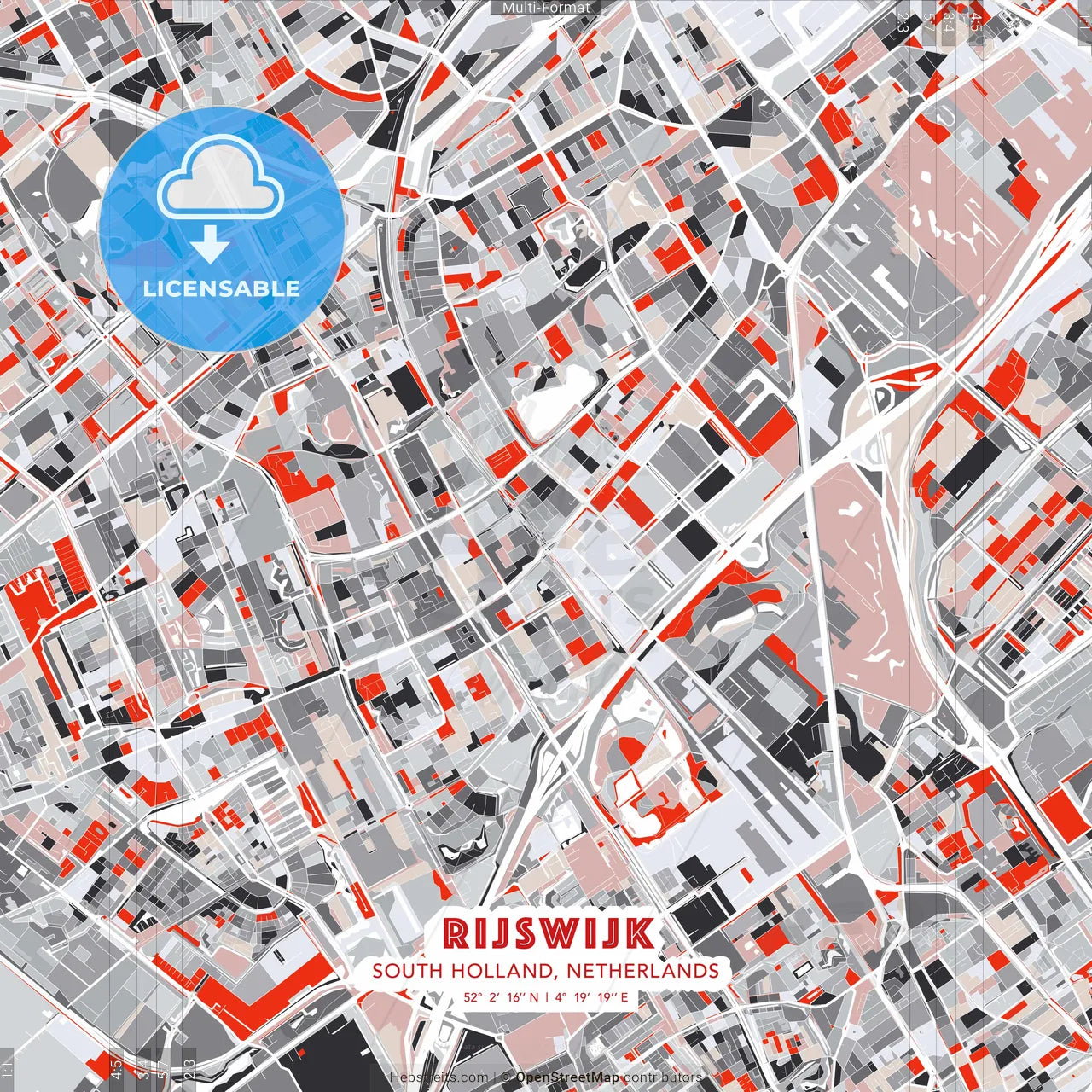 Rijswijk, South Holland, Netherlands - modern street map poster template with gray and red tones