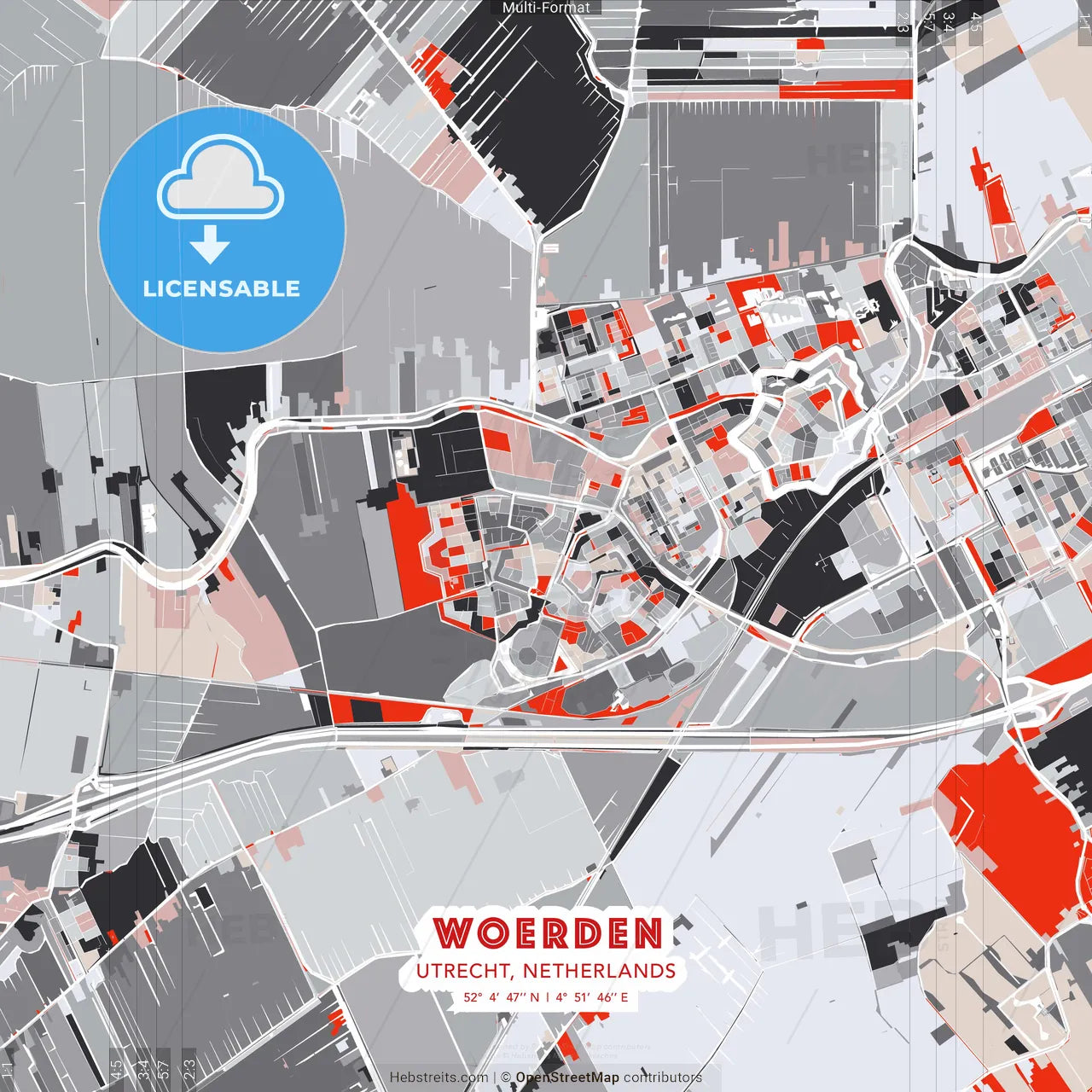 Woerden, Utrecht, Netherlands - modern street map poster template with gray and red tones