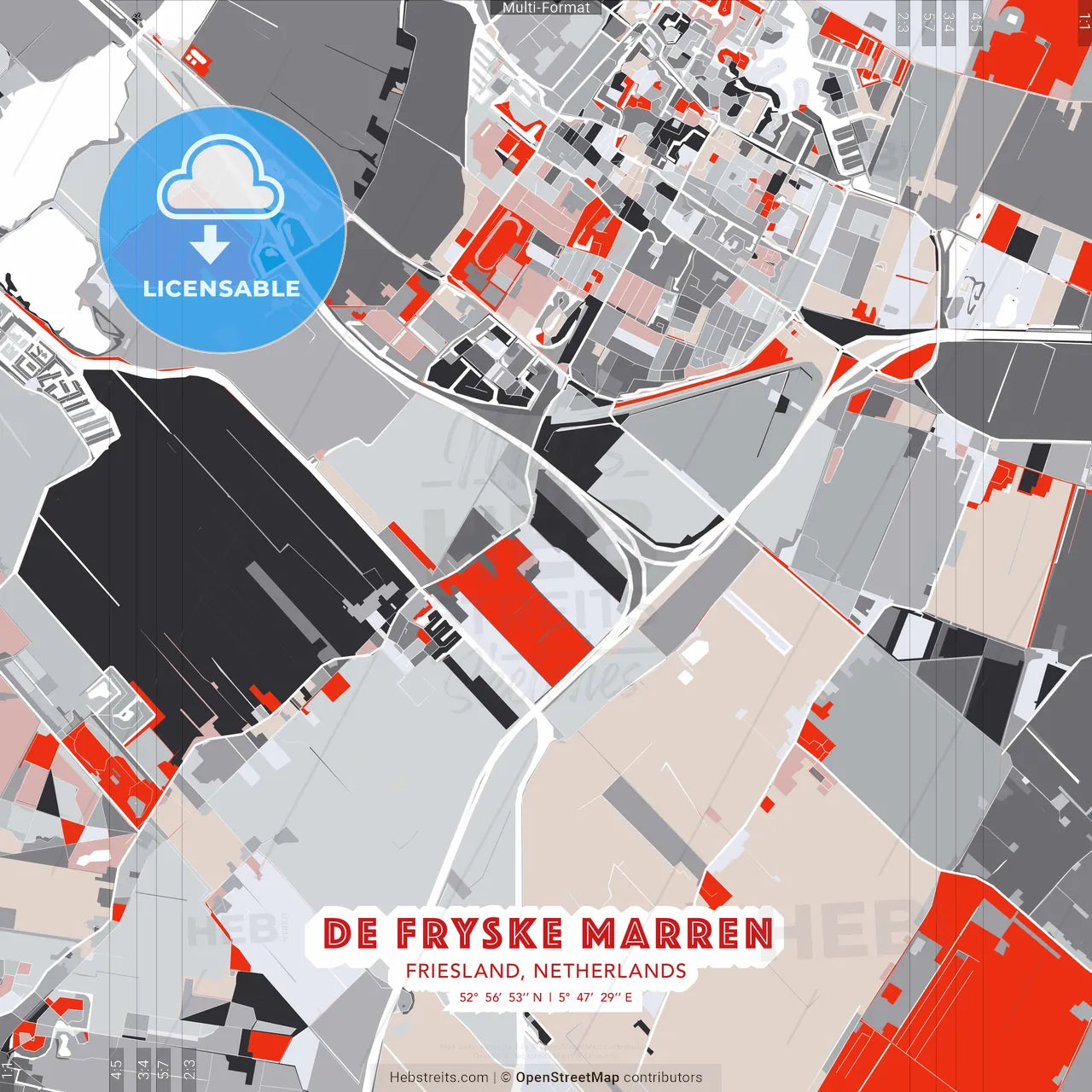 De Fryske Marren, Friesland, Netherlands - modern street map poster template with gray and red tones