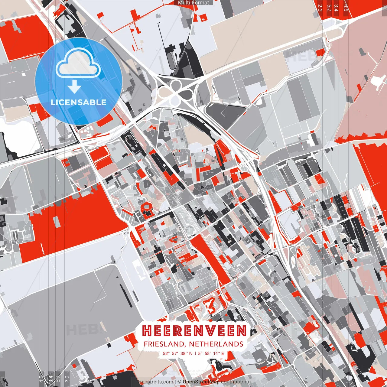 Heerenveen, Friesland, Netherlands - modern street map poster template with gray and red tones