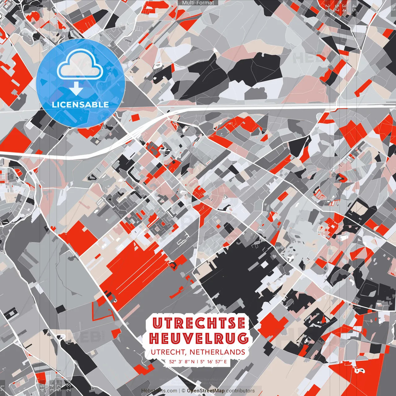 Utrechtse Heuvelrug, Utrecht, Netherlands - modern street map poster template with gray and red tones