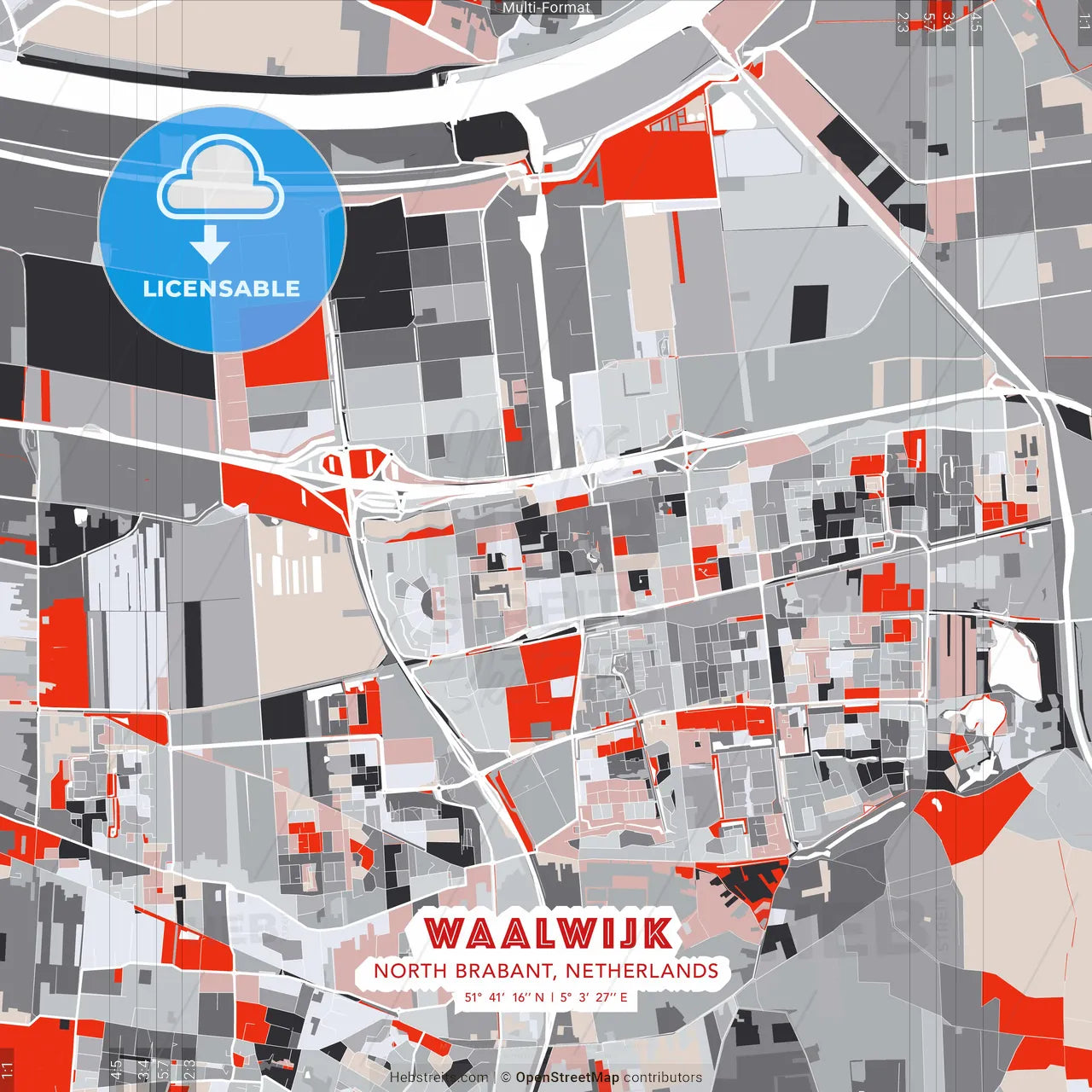 Waalwijk, North Brabant, Netherlands - modern street map poster template with gray and red tones