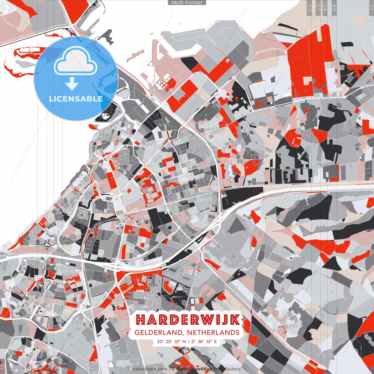 Harderwijk, Gelderland, Netherlands - modern street map poster template with gray and red tones