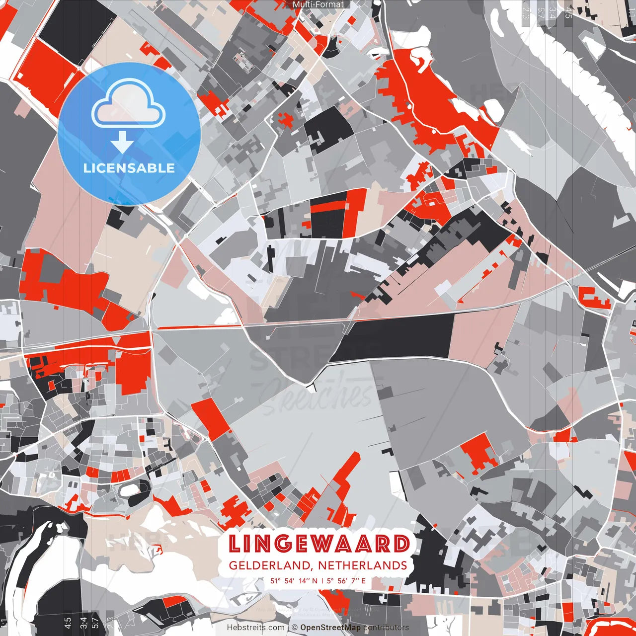 Lingewaard, Gelderland, Netherlands - modern street map poster template with gray and red tones