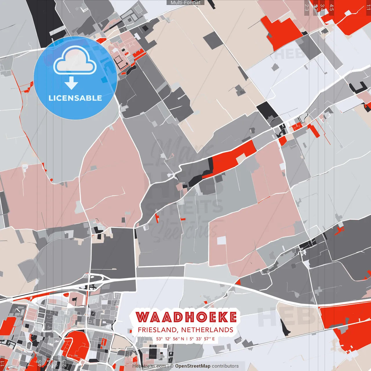Waadhoeke, Friesland, Netherlands - modern street map poster template with gray and red tones