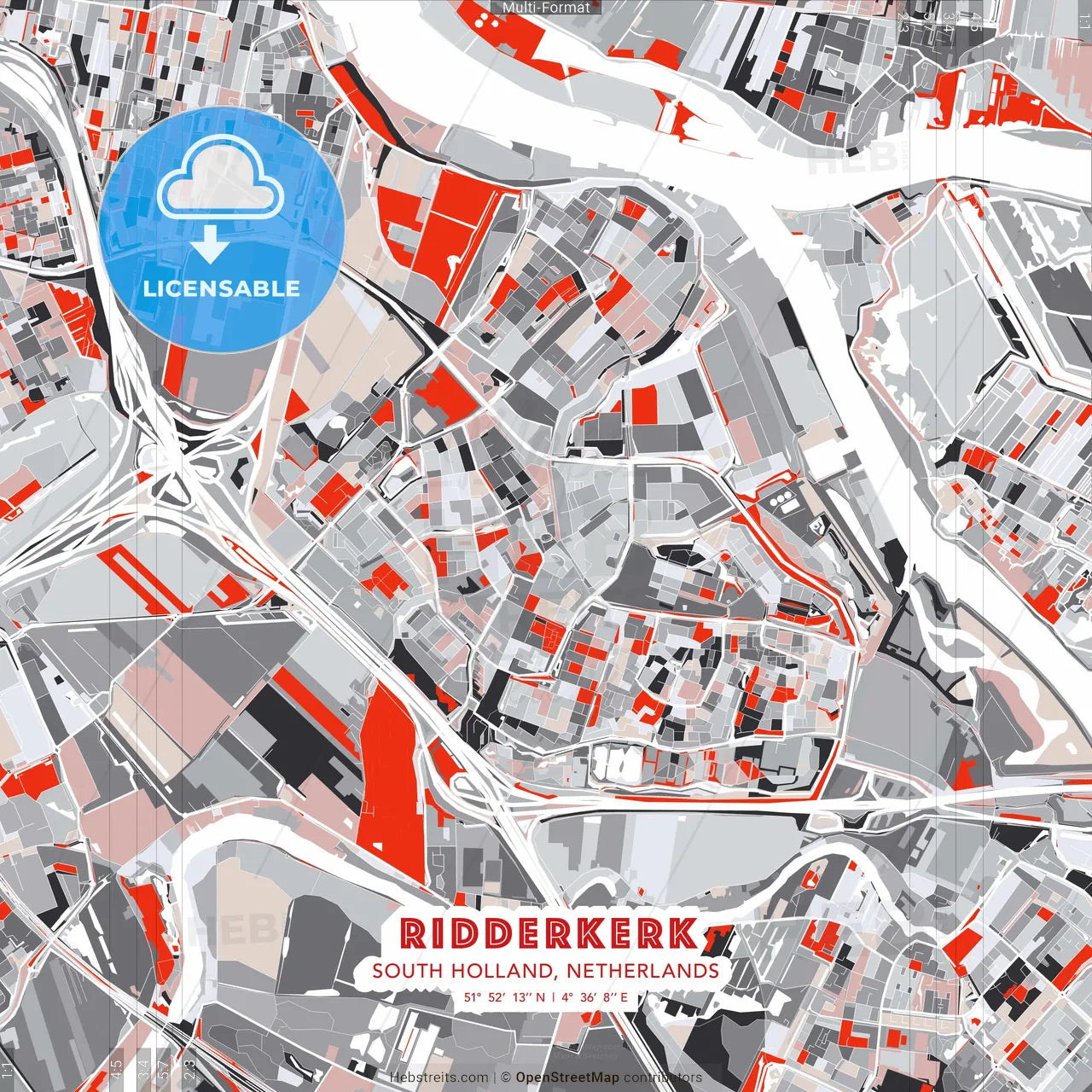 Ridderkerk, South Holland, Netherlands - modern street map poster template with gray and red tones