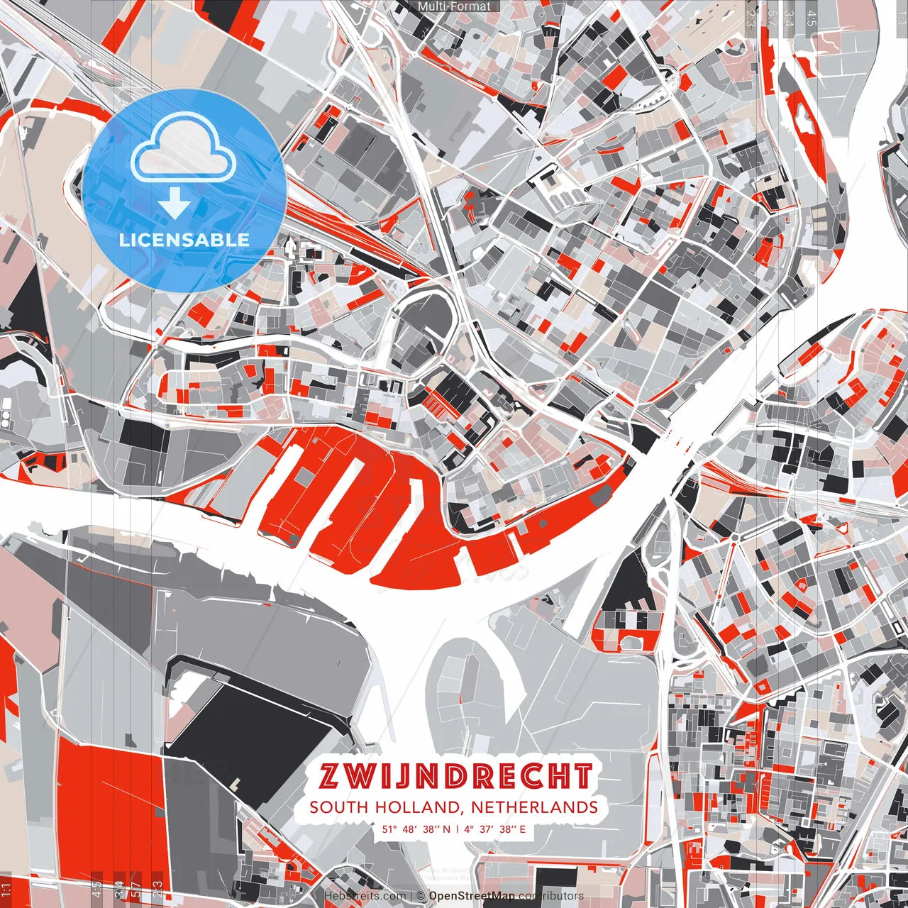 Zwijndrecht, South Holland, Netherlands - modern street map poster template with gray and red tones
