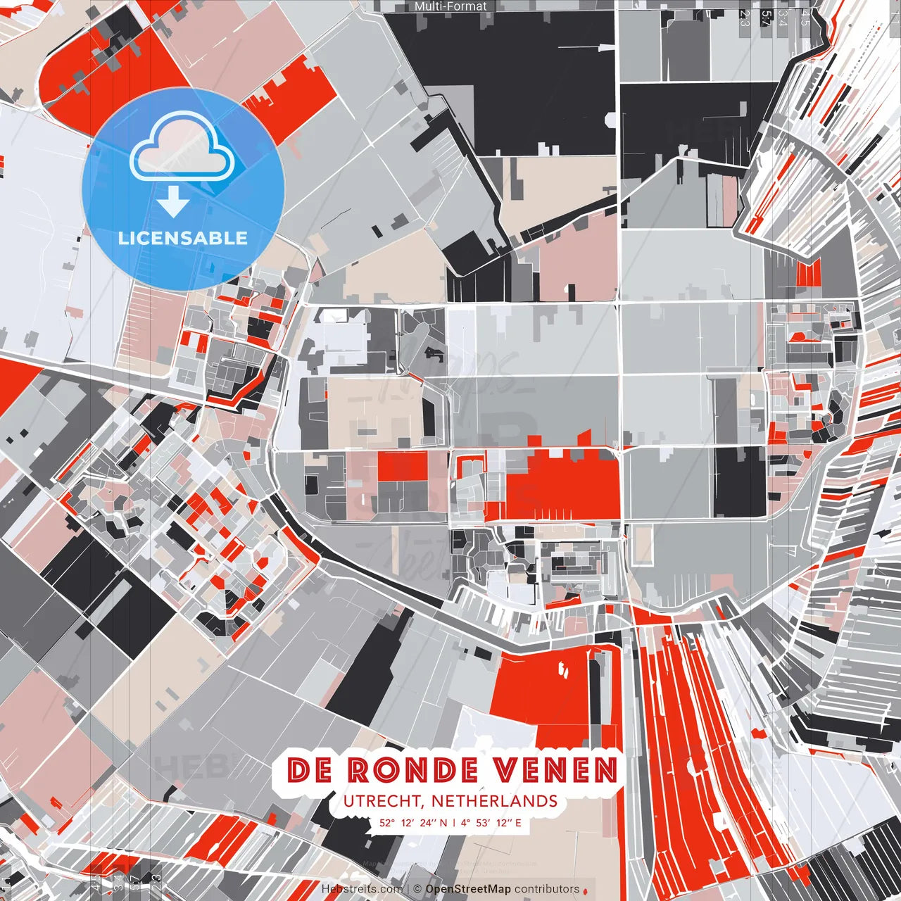 De Ronde Venen, Utrecht, Netherlands - modern street map poster template with gray and red tones