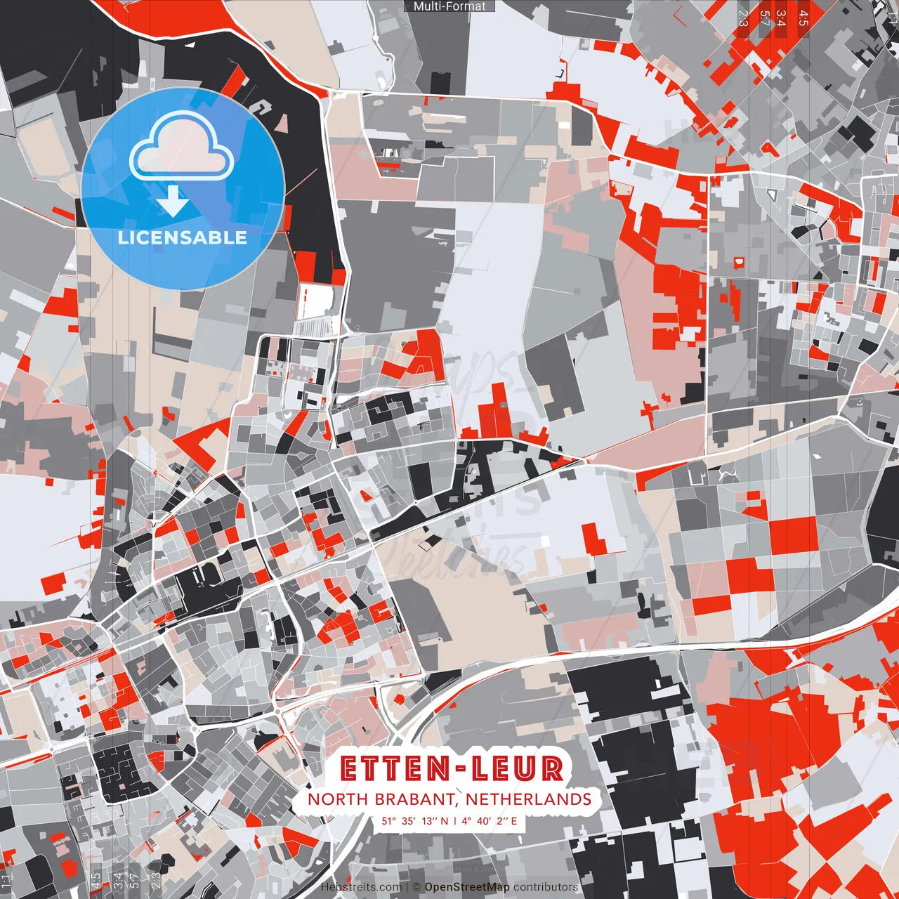 Etten-Leur, North Brabant, Netherlands - modern street map poster template with gray and red tones
