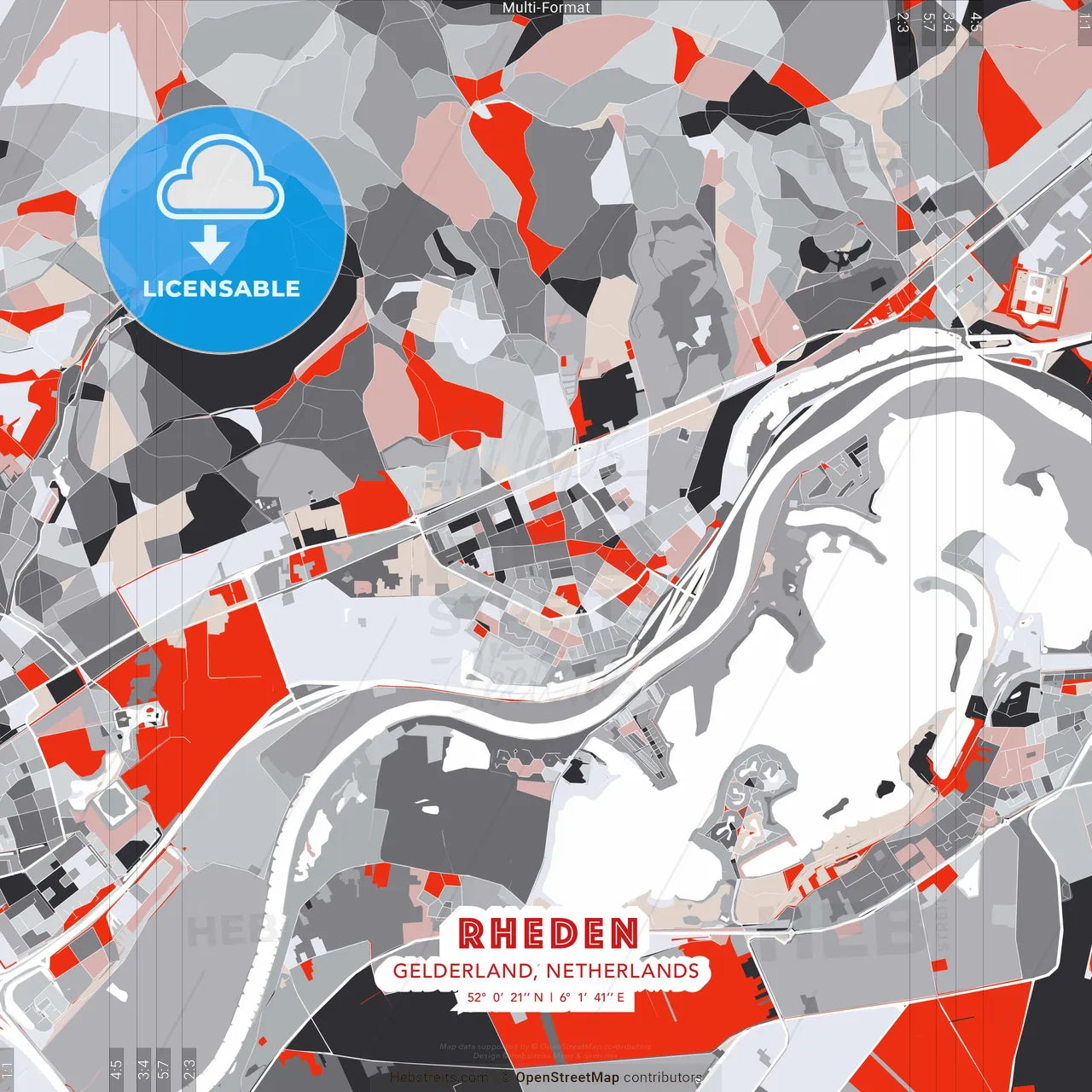 Rheden, Gelderland, Netherlands - modern street map poster template with gray and red tones