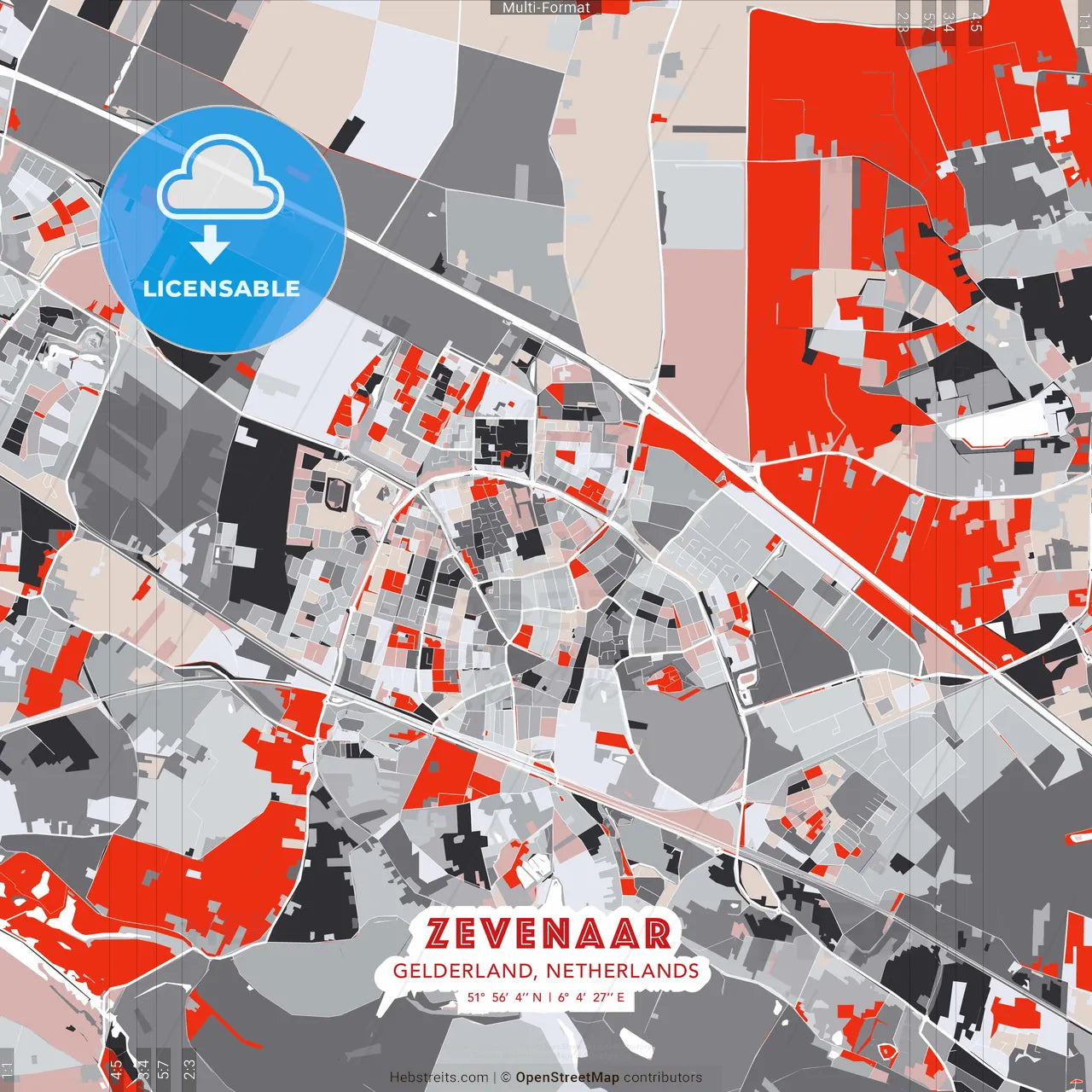 Zevenaar, Gelderland, Netherlands - modern street map poster template with gray and red tones
