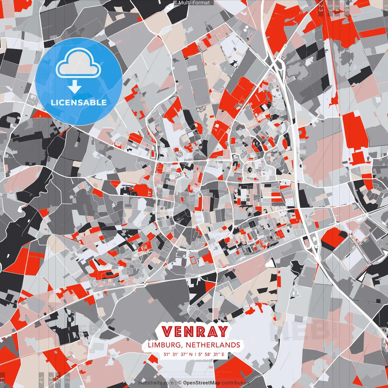 Venray, Limburg, Netherlands - modern street map poster template with gray and red tones