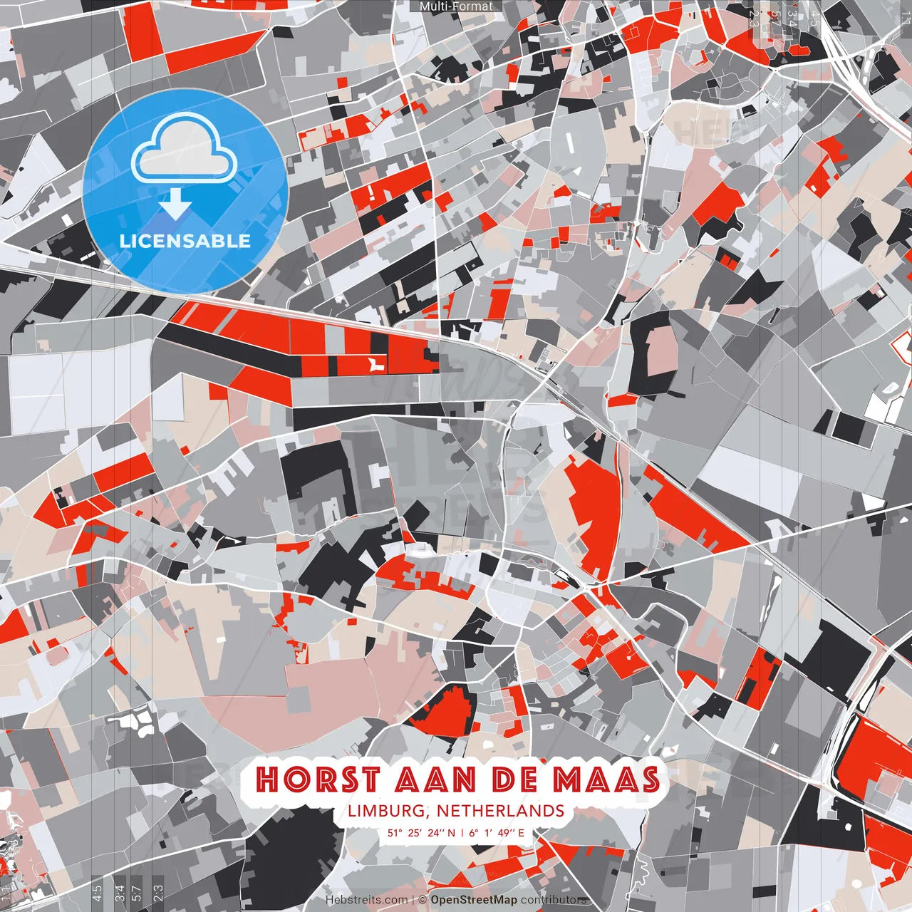 Horst aan de Maas, Limburg, Netherlands - modern street map poster template with gray and red tones