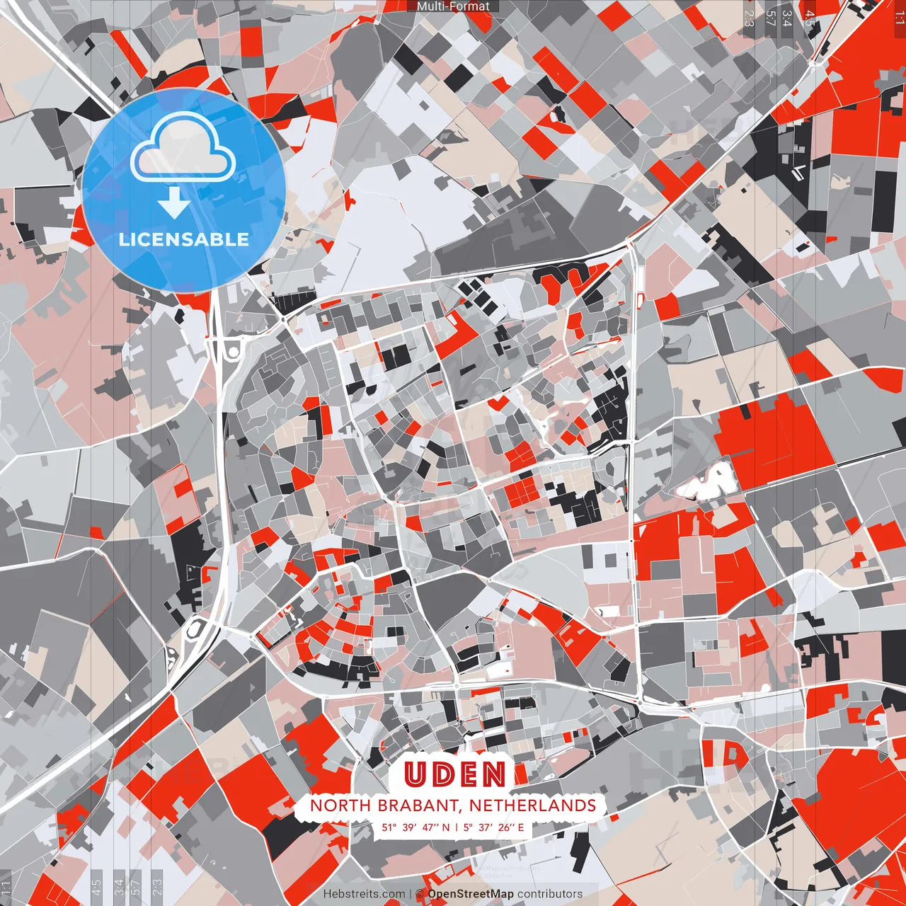 Uden, North Brabant, Netherlands - modern street map poster template with gray and red tones