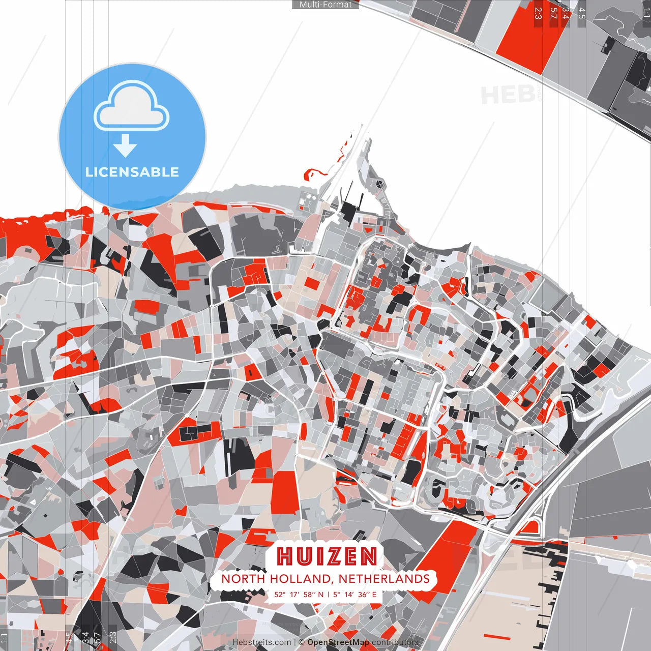 Huizen, North Holland, Netherlands - modern street map poster template with gray and red tones