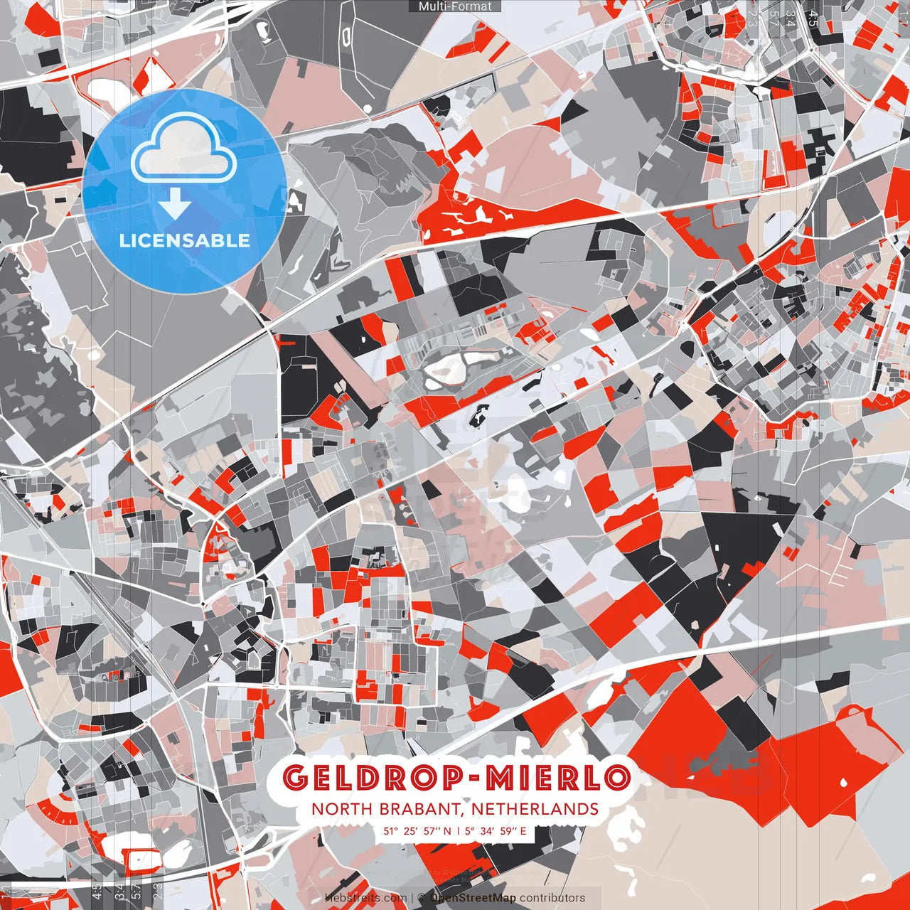 Geldrop-Mierlo, North Brabant, Netherlands - modern street map poster template with gray and red tones