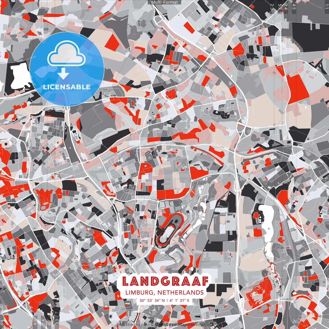 Landgraaf, Limburg, Netherlands - modern street map poster template with gray and red tones