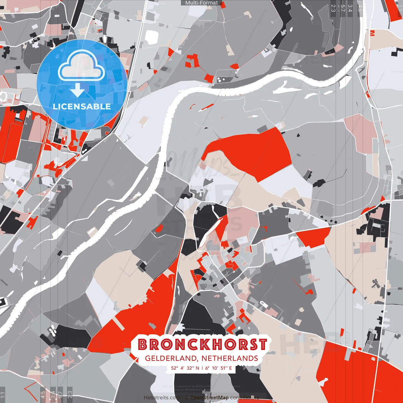 Bronckhorst, Gelderland, Netherlands - modern street map poster template with gray and red tones