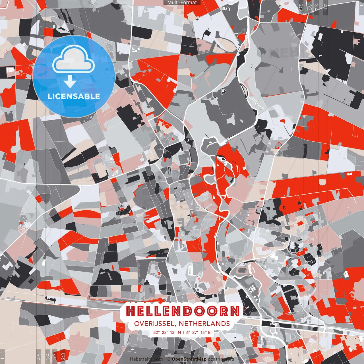 Hellendoorn, Overijssel, Netherlands - modern street map poster template with gray and red tones