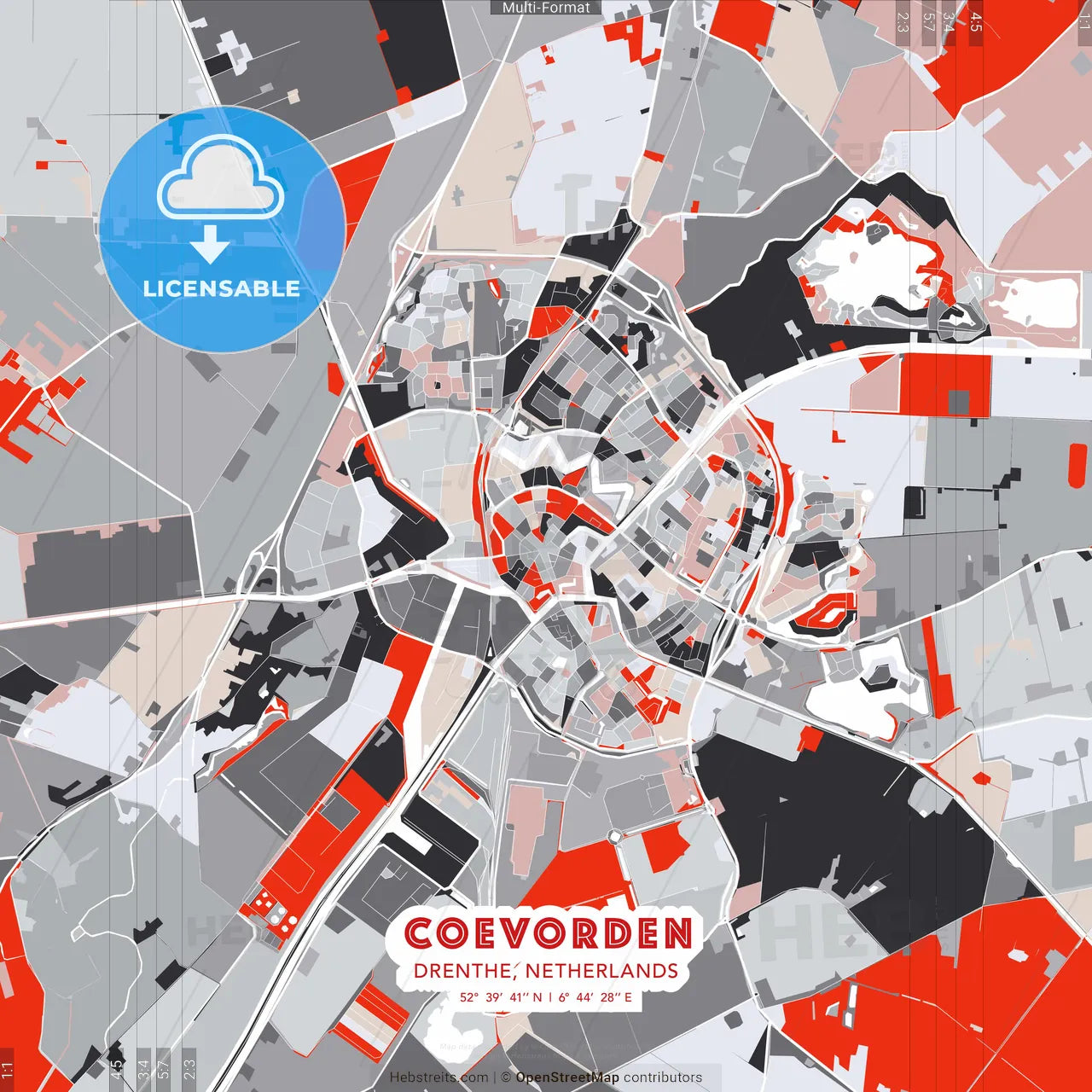 Coevorden, Drenthe, Netherlands - modern street map poster template with gray and red tones