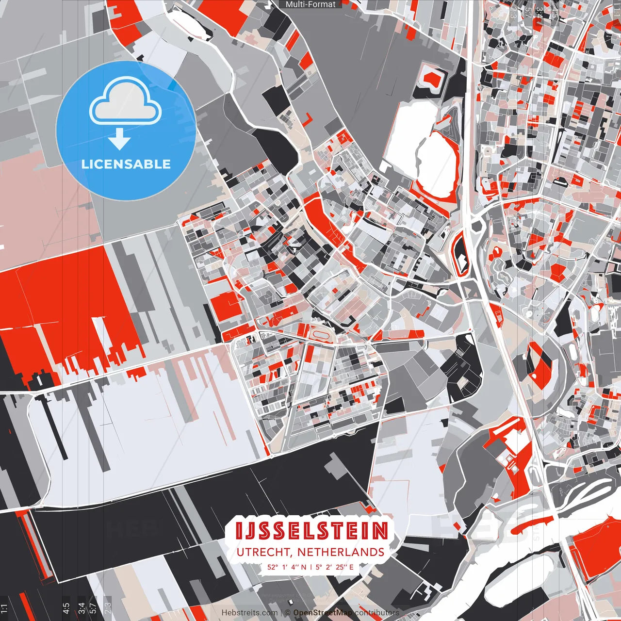 IJsselstein, Utrecht, Netherlands - modern street map poster template with gray and red tones