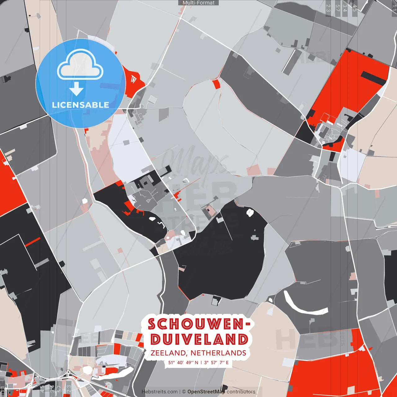 Schouwen-Duiveland, Zeeland, Netherlands - modern street map poster template with gray and red tones