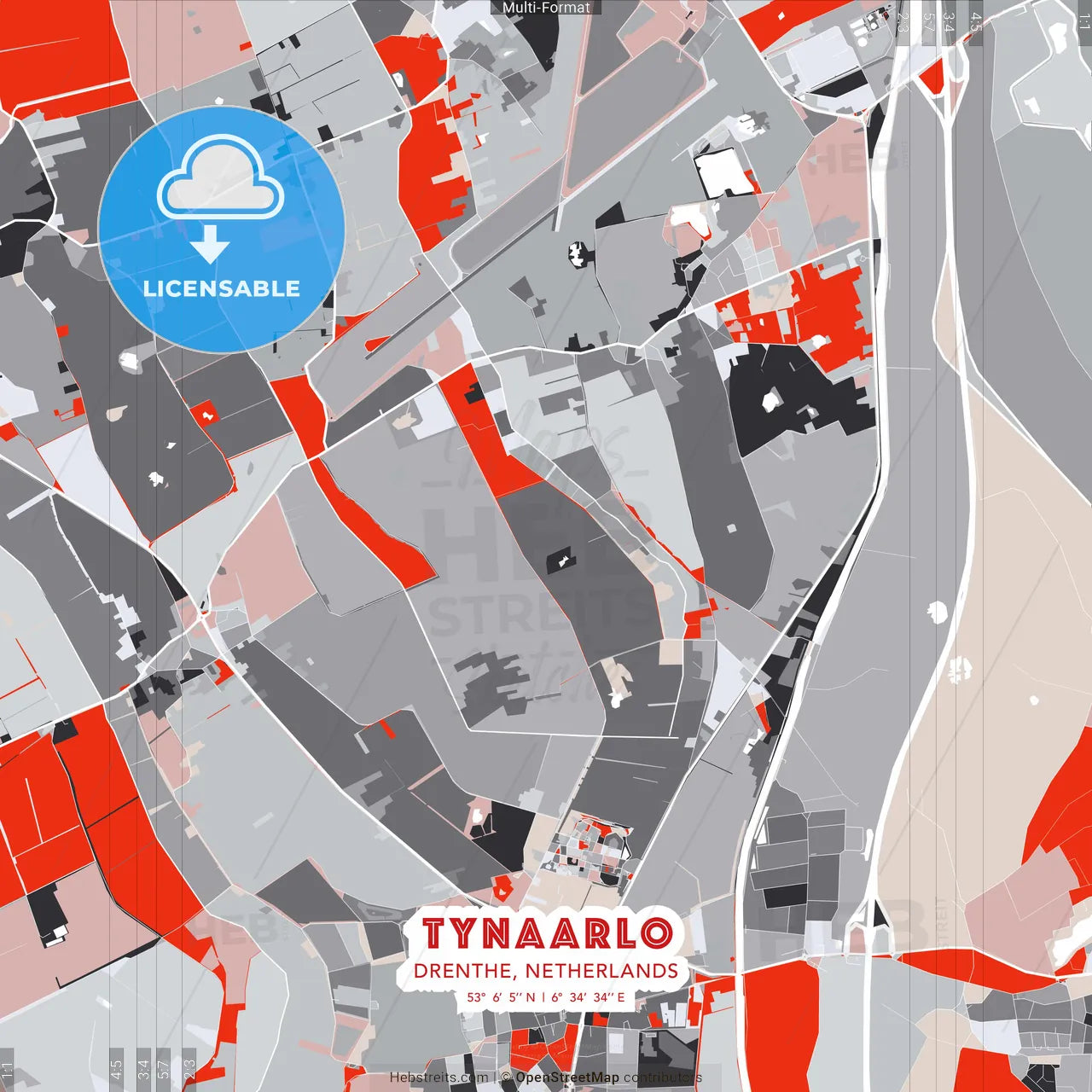 Tynaarlo, Drenthe, Netherlands - modern street map poster template with gray and red tones