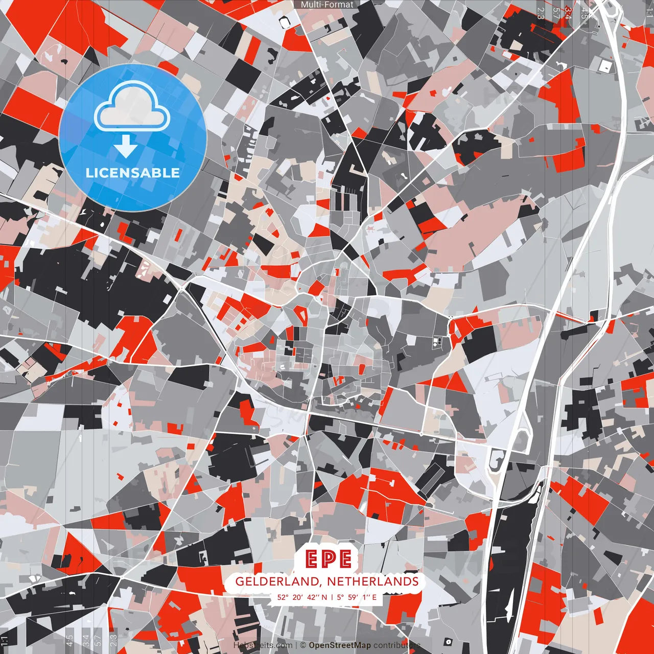 Epe, Gelderland, Netherlands - modern street map poster template with gray and red tones