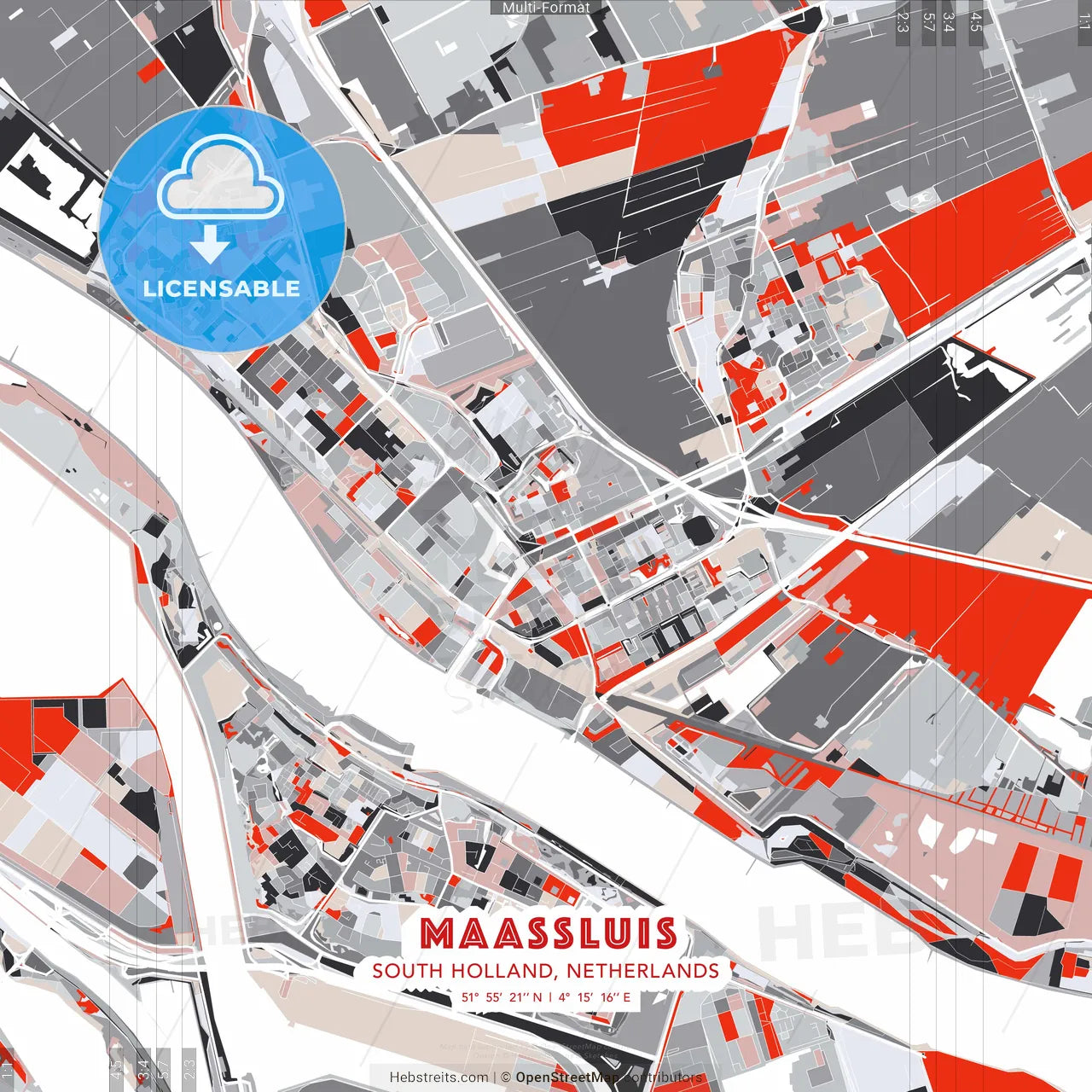 Maassluis, South Holland, Netherlands - modern street map poster template with gray and red tones