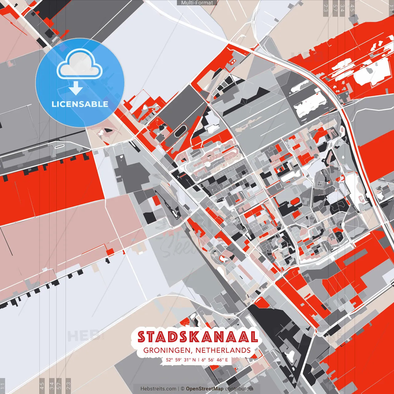 Stadskanaal, Groningen, Netherlands - modern street map poster template with gray and red tones