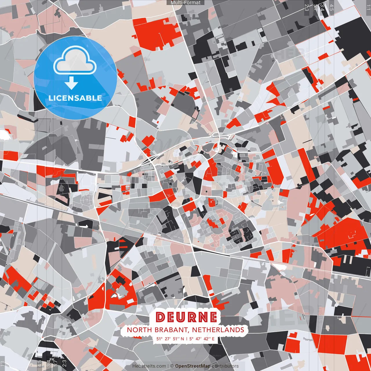 Deurne, North Brabant, Netherlands - modern street map poster template with gray and red tones