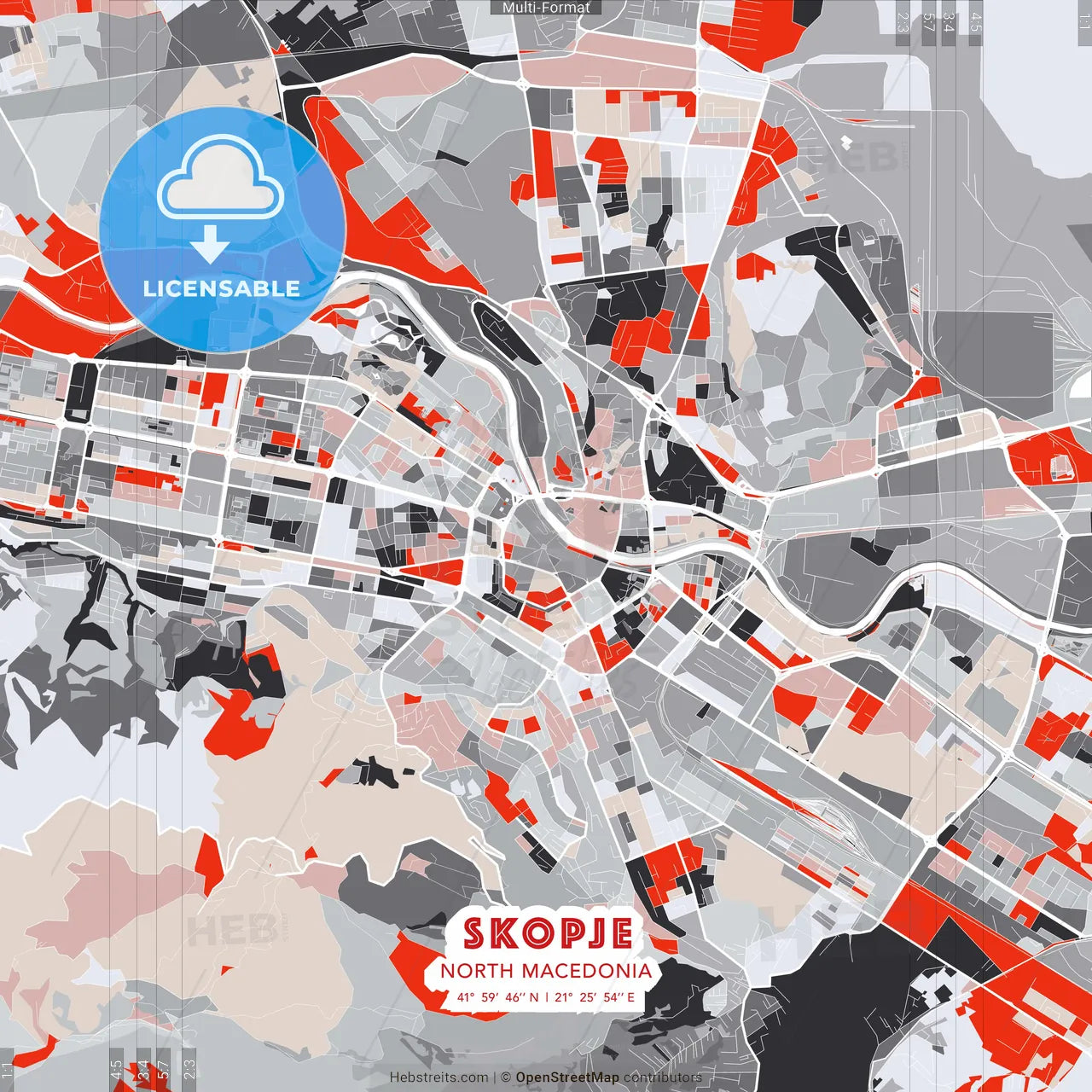 Skopje, North Macedonia - modern street map poster template with gray and red tones