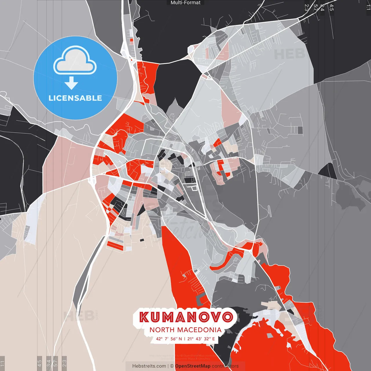 Kumanovo, North Macedonia - modern street map poster template with gray and red tones