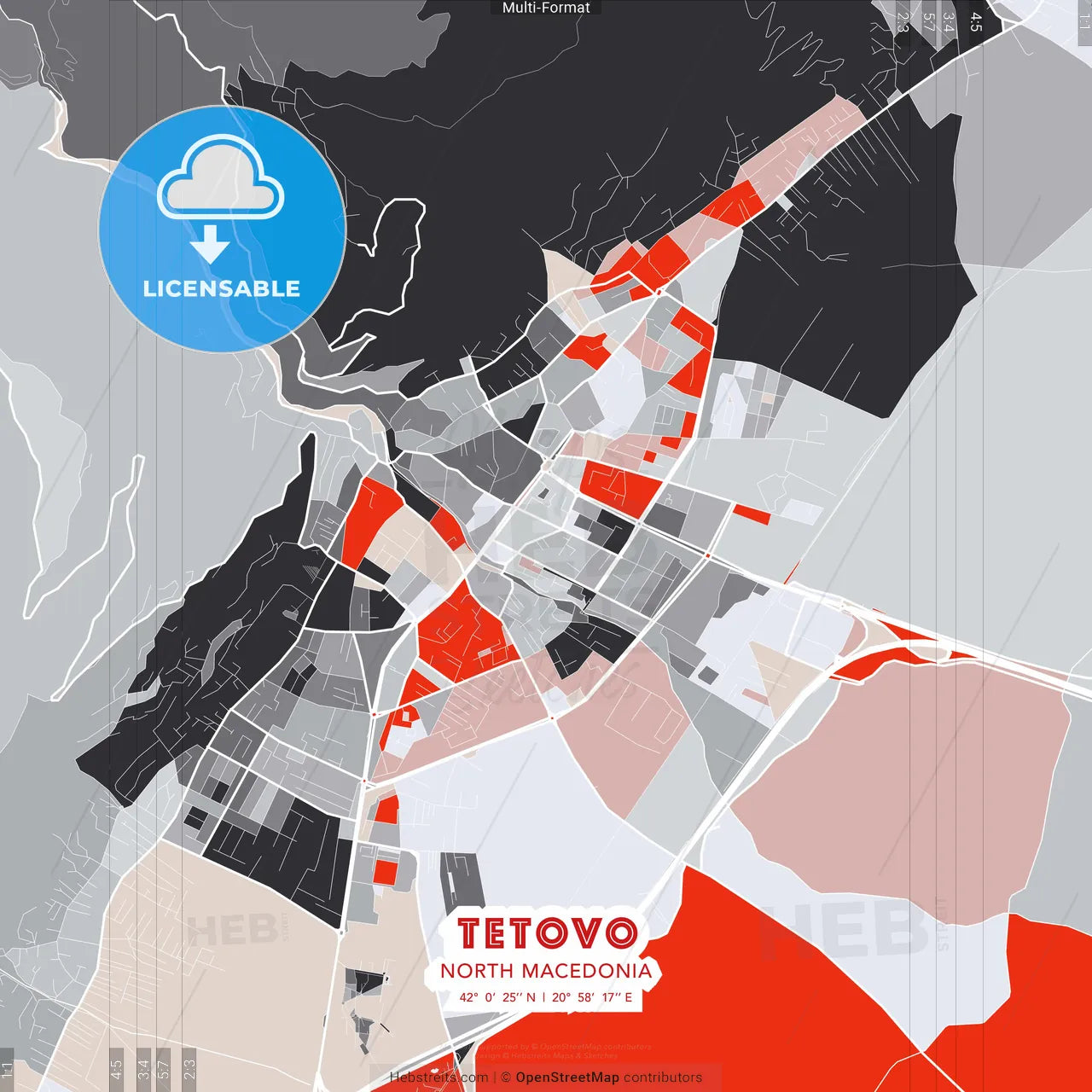 Tetovo, North Macedonia - modern street map poster template with gray and red tones