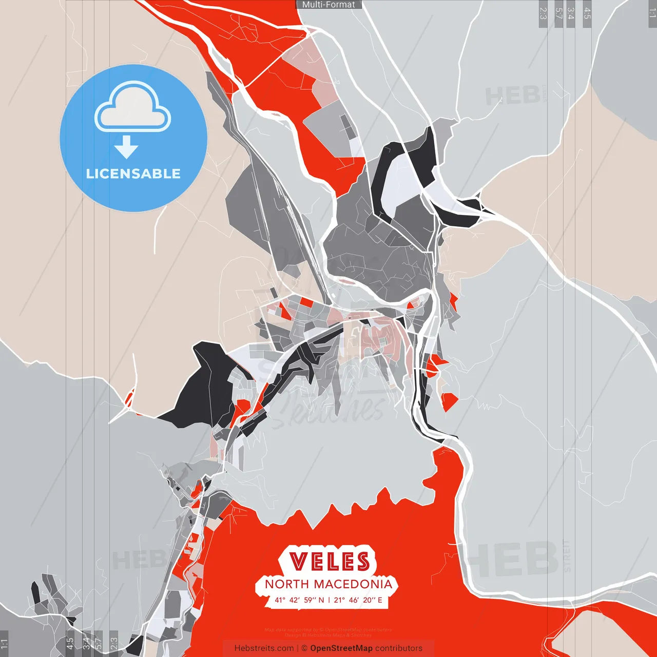 Veles, North Macedonia - modern street map poster template with gray and red tones