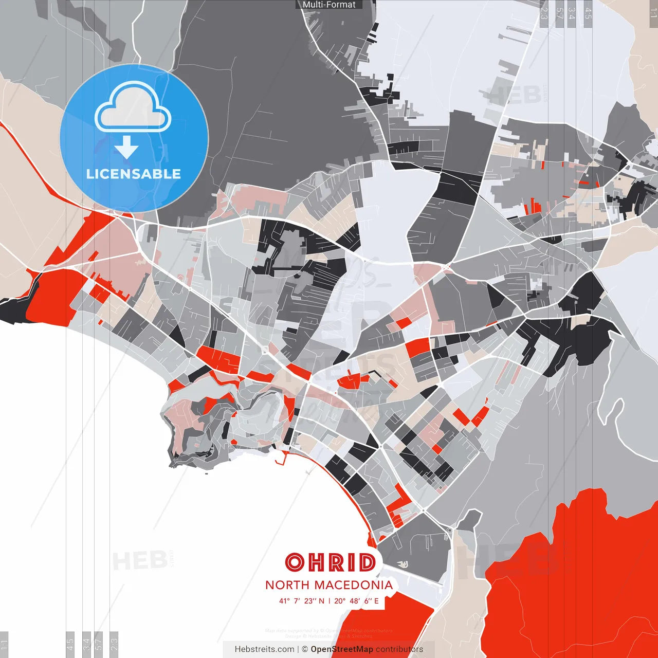 Ohrid, North Macedonia - modern street map poster template with gray and red tones