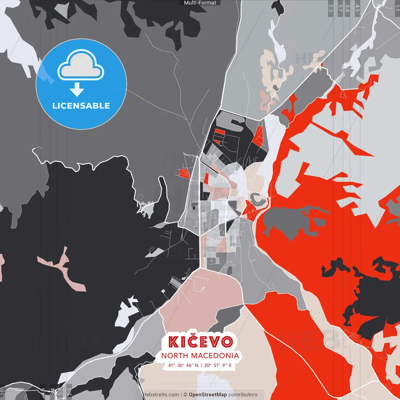 Kičevo, North Macedonia - modern street map poster template with gray and red tones