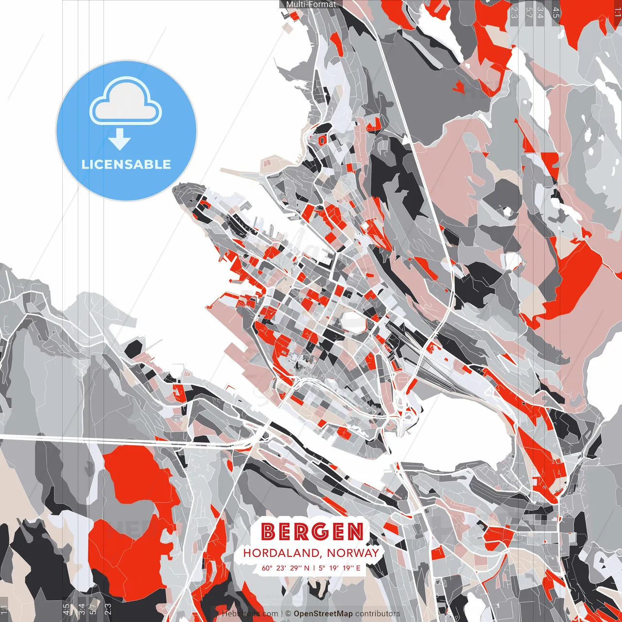 Bergen, Hordaland, Norway - modern street map poster template with gray and red tones
