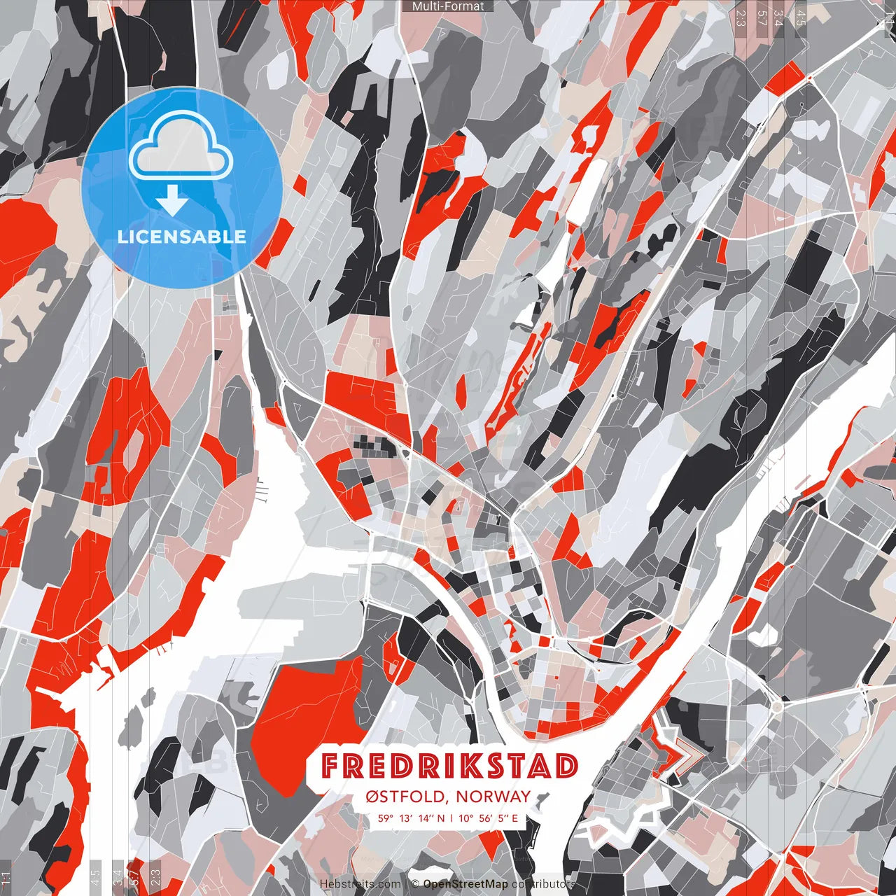 Fredrikstad, Østfold, Norway - modern street map poster template with gray and red tones