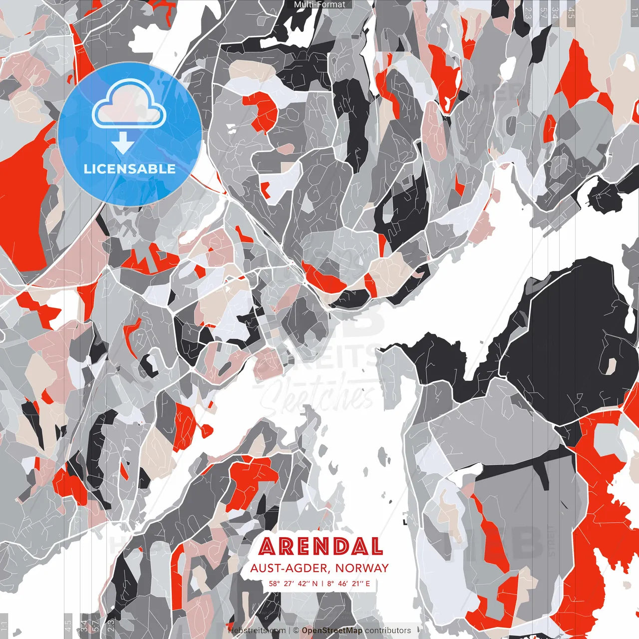 Arendal, Aust-Agder, Norway - modern street map poster template with gray and red tones