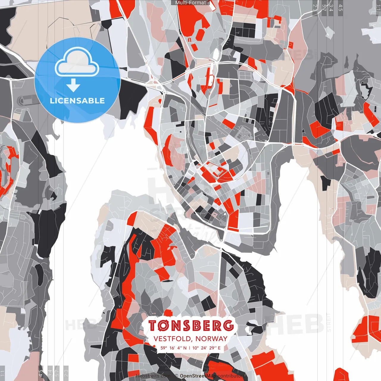 Tønsberg, Vestfold, Norway - modern street map poster template with gray and red tones