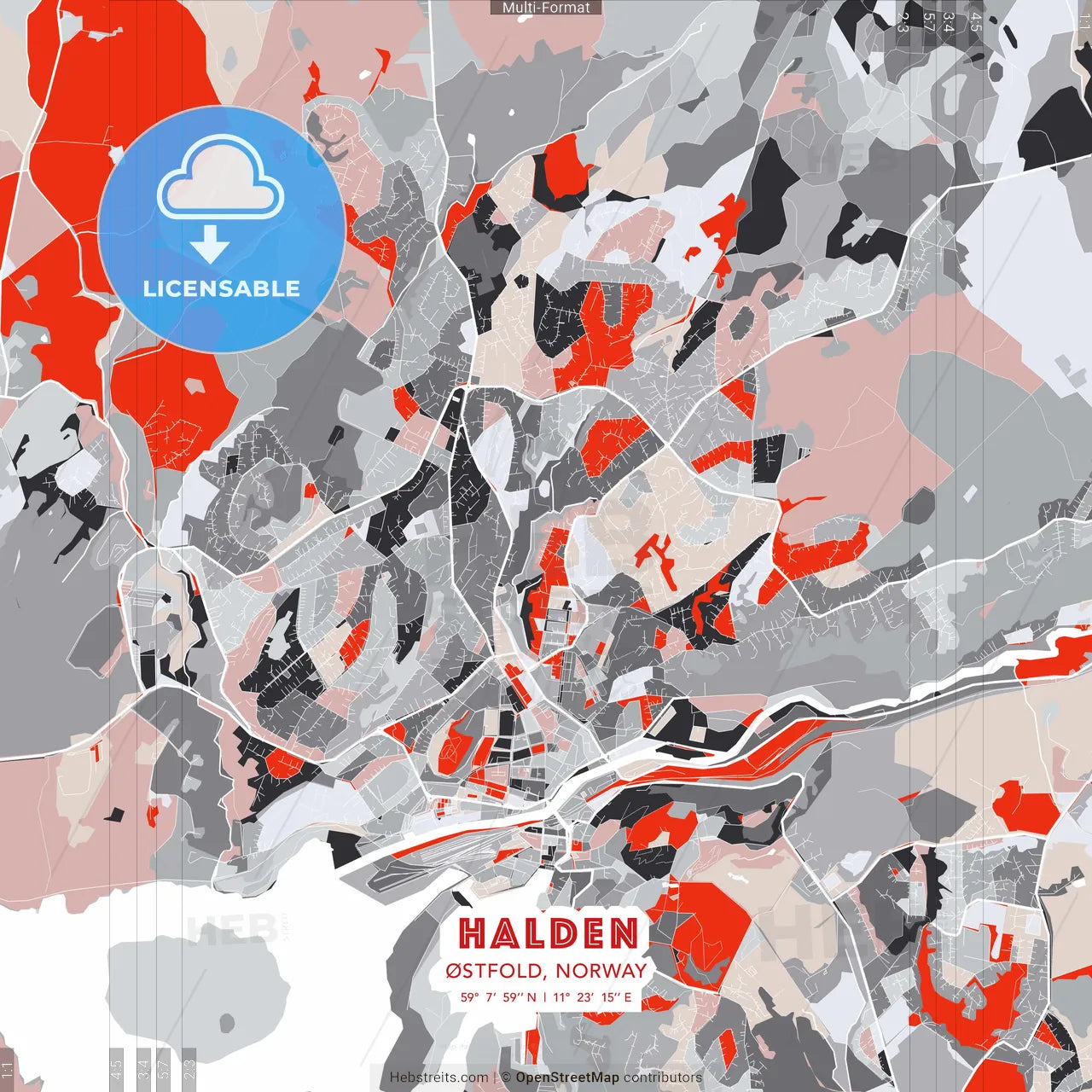 Halden, Østfold, Norway - modern street map poster template with gray and red tones