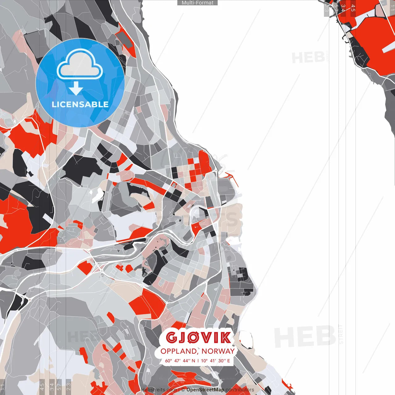 Gjøvik, Oppland, Norway - modern street map poster template with gray and red tones