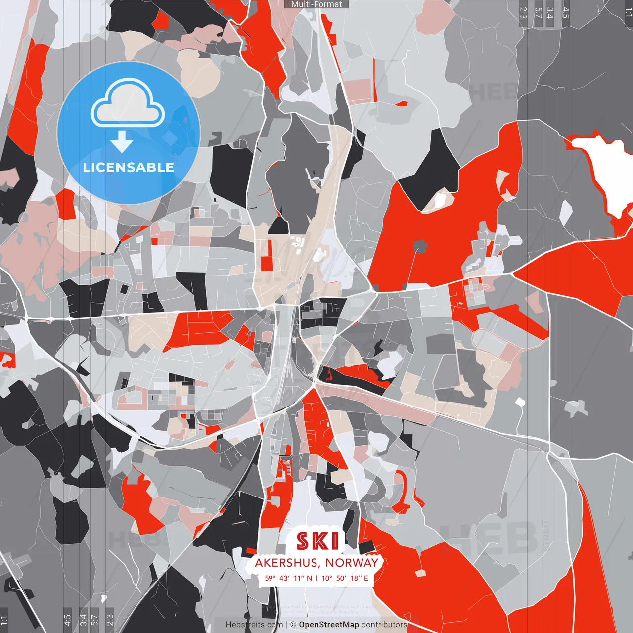 Ski, Akershus, Norway - modern street map poster template with gray and red tones