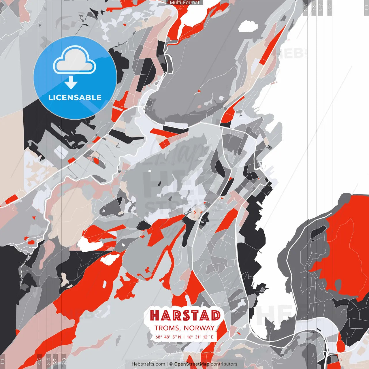 Harstad, Troms, Norway - modern street map poster template with gray and red tones
