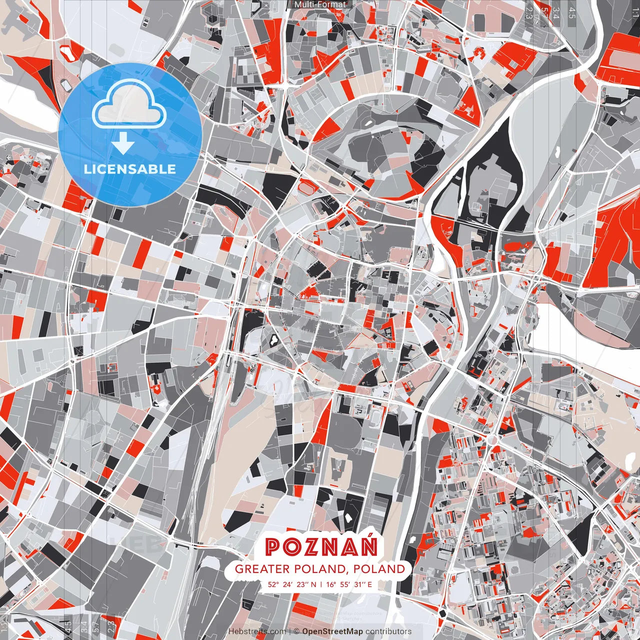 Poznań, Greater Poland, Poland - modern street map poster template with gray and red tones