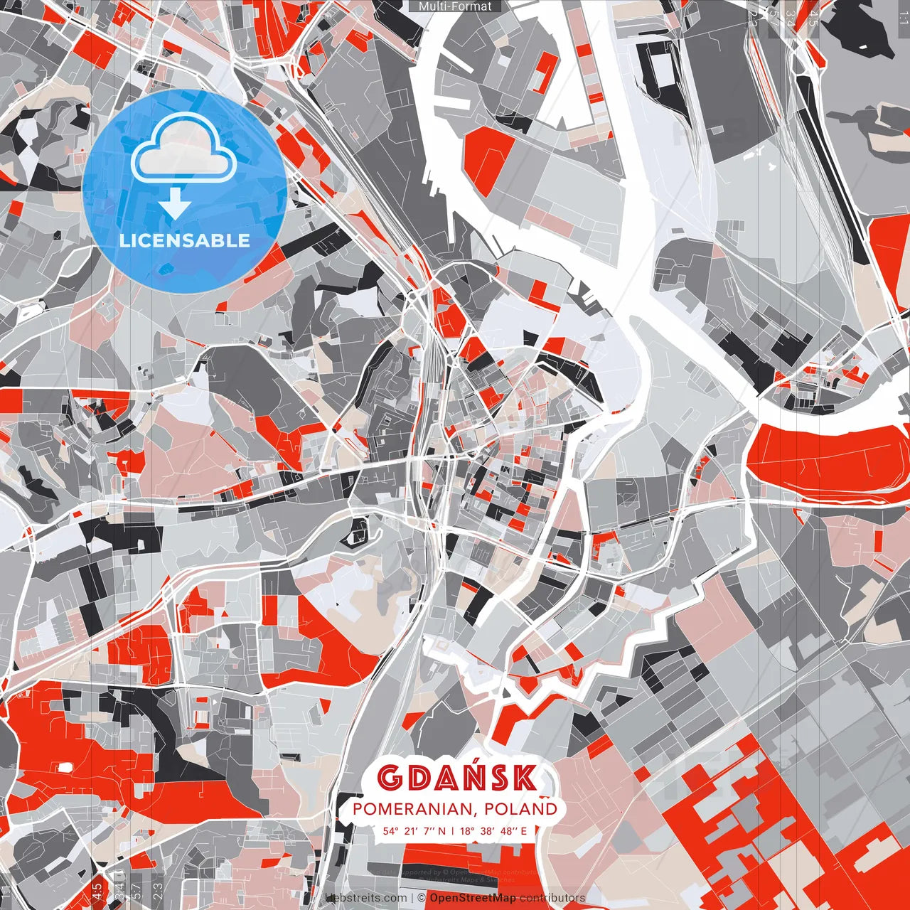 Gdańsk, Pomeranian, Poland - modern street map poster template with gray and red tones